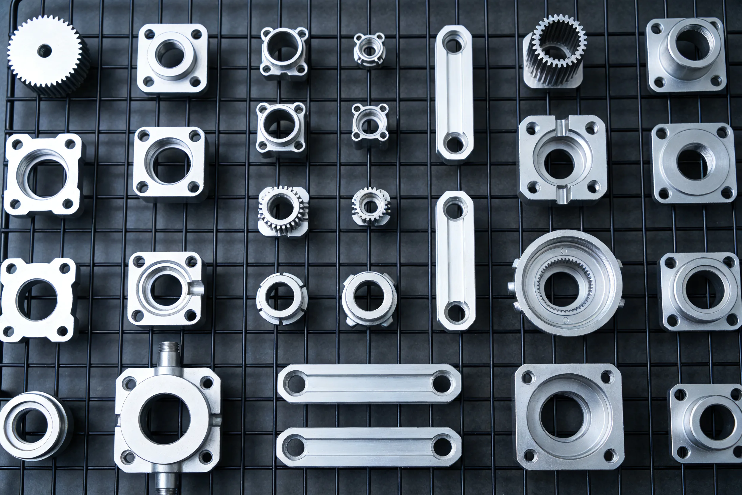 Finished aluminum parts arranged in a clean display